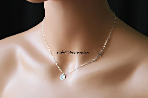 Sterling Silver Sideway Cross Necklace, Initial Charm Necklace