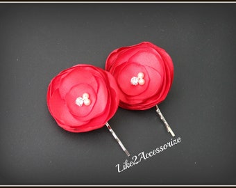 Red Flower Clip Bobby Pin Bridal Hair Piece Bridesmaid Gift Wedding Hair Accessories Set of Two Wedding Flowers for Hair Bridal Hair Flower