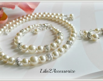 Wedding Accessories, Bridal Necklace Bracelet Earring, Bridal Jewelry Set, White Ivory Swarovski Pearl Necklace Earring, Bridal Party Gift