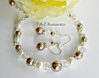 Bridesmaid Bracelet and Earrings Set, Bridal Jewelry, Bridesmaid Gift Set, Bridal Pearl Bracelet, Wedding Pearl Jewelry, Crystals Bracelet