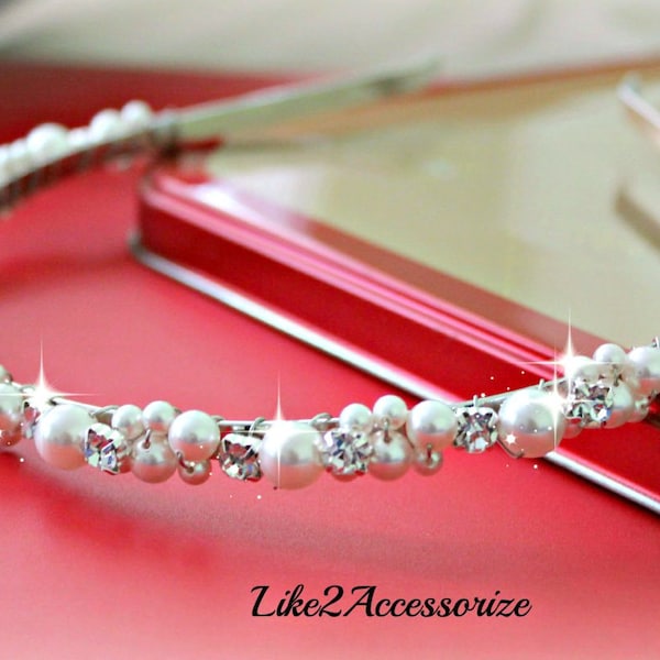 Swarovski Pearl White Ivory Bandeau Perle Bridal Tiara Mariage Bijoux De mariée Pièce de tête bijoux Strass strass mariage Bridesmaid Bandeau