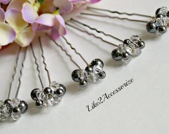 Bridal Crystal Hair Pin Bridal Hair Accessories Swarovski Pearl Bridesmaid Hair Clip Wedding Hair Piece Charcoal Dark Grey Hair Pin Set of 5