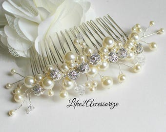 Pearl Hair Accessories, Bridal Hair Comb, Wedding Hair Piece, White Ivory Pearl, Bridesmaid Beaded Silver  Gold Comb, Veil Attachment Comb