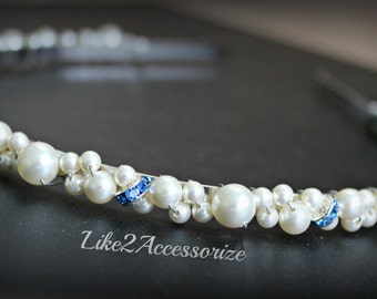 Opaska na głowę Something Blue Perły Swarovski Tiara ślubna Biała kość słoniowa Perły Opaska na włosy Akcesoria ślubne Ozdoba na głowę dla panny młodej Opaska ślubna