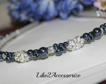 Swarovski Pearl, Rhinestone, Bridal Tiara, White Navy Blue Headband, Beaded Silver Metal Hairband, Flower Girl Tiara, Wedding Hair Accessory