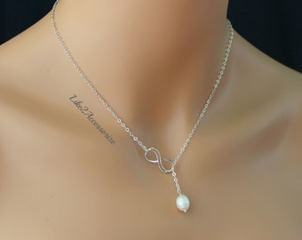 Infinity Necklace, Sterling Silver Freshwater Pearl, Infinity Pendant, Best Friend, Sister Gift, Maid of Honor, Bridesmaid Infinity Charm