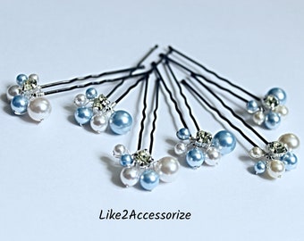 Set of 6 Hair Pins, Rhinestone Bridal Hair Pins, Prom Hair Do, Something Blue Hair Pins, Bridesmaid Pearl Hair Clip, Hair Accessories