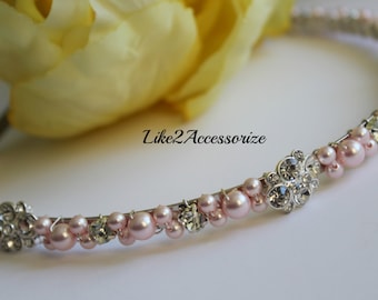 Pink Ivory Swarovski Pearl flower Girl Headband Bridal Tiara Headband Wedding Jewelry Bridal Head Piece Rhinestones Pearl Wedding Headband