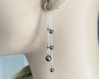 Swarovski Ivory Pearl Earring, Bridesmaid Earring, Bridesmaid Gift, Sterling Silver Long Dangle Earring Navy Blue Grey Dangle Simple Earring