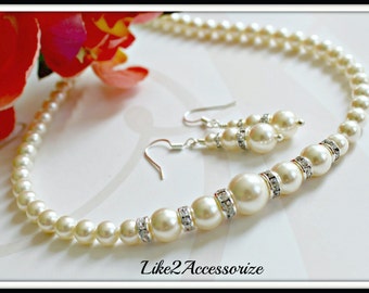 Bridal Jewelry, Bridesmaid Jewelry, Bridal Pearl Necklace Earring Set, Wedding Accessories, White Ivory Swarovski Pearl Necklace Earring Set