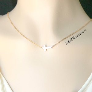 14k Gold Small Cross Necklace, Baptism Confirmation Gift, Side Horizontal Cross Link, Simple Daily Jewelry, Religious Gold Cross Necklace
