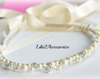 Swarovski Pearl Headband Bridal Tiara Headband Biżuteria ślubna Ozdoba na głowę dla panny młodej Kryształki Perła Opaska ślubna Pierwsza Komunia Święta
