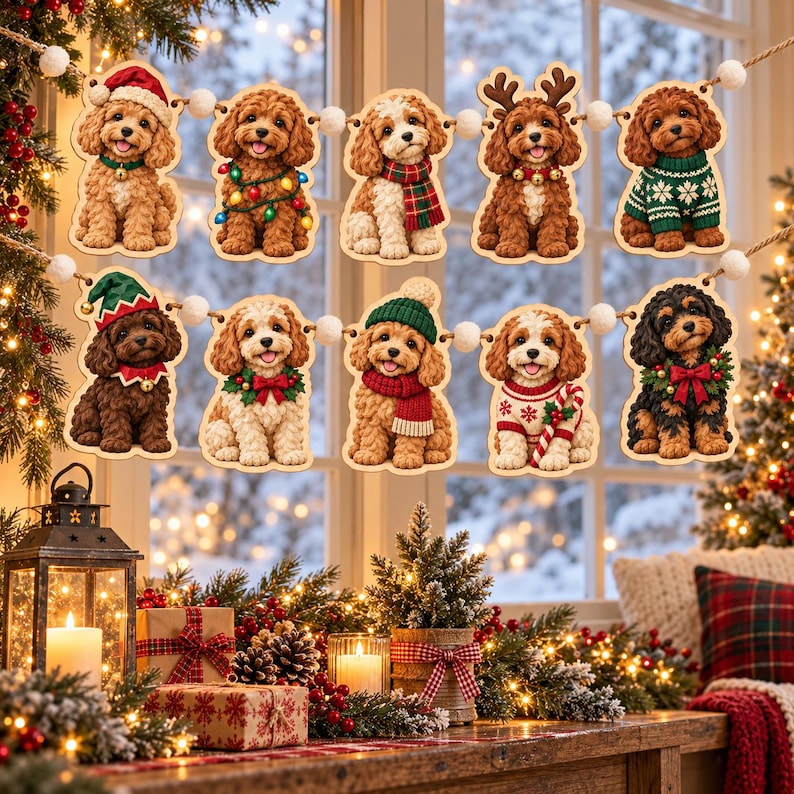 Christmas Cavapoo Wooden Garland, Dog Holiday Decor, Puppy Christmas ...