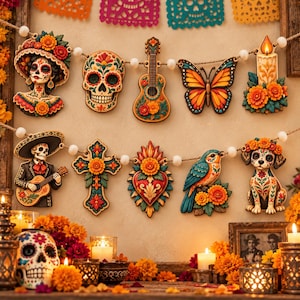 May include: A decorative garland featuring ten wooden ornaments suspended on a white pom-pom string. The ornaments depict a sugar skull figure, a skull, a guitar, a butterfly, a candle, a mariachi skeleton, a cross, a sacred heart, a bird, and a dog.