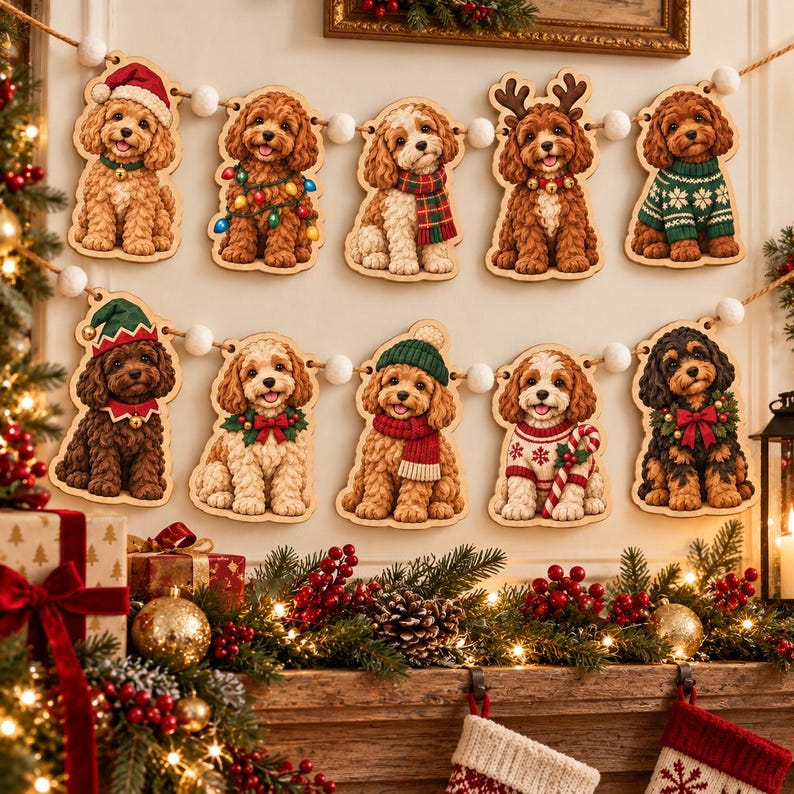 Christmas Cavapoo Wooden Garland, Dog Holiday Decor, Puppy Christmas ...