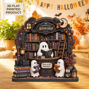 Peut inclure: Une décoration imprimée plate 2D représentant une librairie hantée avec trois fantômes blancs, un chat noir et des piles de livres étiquetés Spells, Potions et Curses. L'enseigne indique Haunted Bookshop Est. 1313 et Open After Midnight.