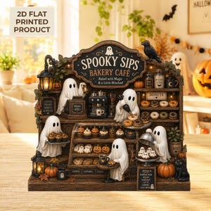 Puede incluir: Una decoración de mesa titulada Spooky Sips Bakery Cafe con figuras de fantasmas blancos, pasteles en miniatura, una cafetera y un cuervo negro. La estructura incluye estantes con donas, un tablero de menú y detalles de iluminación cálida.