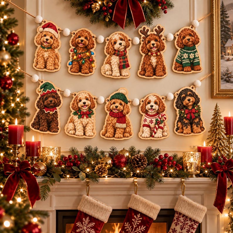 Christmas Cavapoo Wooden Garland, Dog Holiday Decor, Puppy Christmas ...