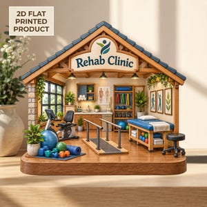 May include: A 2D flat printed product depicting a miniature rehab clinic interior. The structure features a wooden frame, a blue roof, and the text "Rehab Clinic" on the front. Inside are physical therapy equipment, parallel bars, a treatment table, exercise balls, dumbbells, and potted plants.