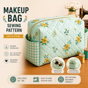 May include: A quilted makeup bag featuring a light mint green fabric with a yellow floral pattern and light mint green gingham side pockets. The bag has a gold zipper and is shown with two circular insets displaying the interior and side pockets.