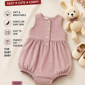 May include: A dusty pink sleeveless baby romper with a round neckline and four front buttons. The text reads BABY ROMPER Sewing Pattern, 70% OFF, MADE WITH LOVE, SIZES 3M-3T, PDF SEWING PATTERN, A4, US LETTER & AO SIZE, INSTANT DOWNLOAD, SEW YOUR OWN CUTE ROMPER.