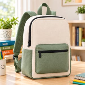 Könnte beinhalten: Ein zweifarbiger Rucksack mit einem cremefarbenen Hauptteil sowie einer Fronttasche, einem Boden und Schultergurten in Salbeigrün. Der Rucksack verfügt über schwarze Reißverschlüsse am Hauptfach und der Vordertasche sowie einen Tragegriff.