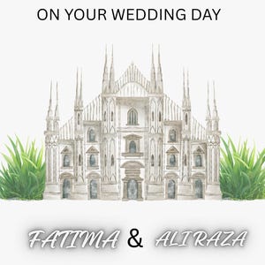 Peut inclure: Une carte de mariage avec une illustration à l'aquarelle d'une cathédrale entourée d'herbe verte. Le texte indique : CONGRATULATIONS ON YOUR WEDDING DAY, FATIMA & ALI RAZA, et 18.07.2026. Le design utilise des tons neutres et du vert vif.