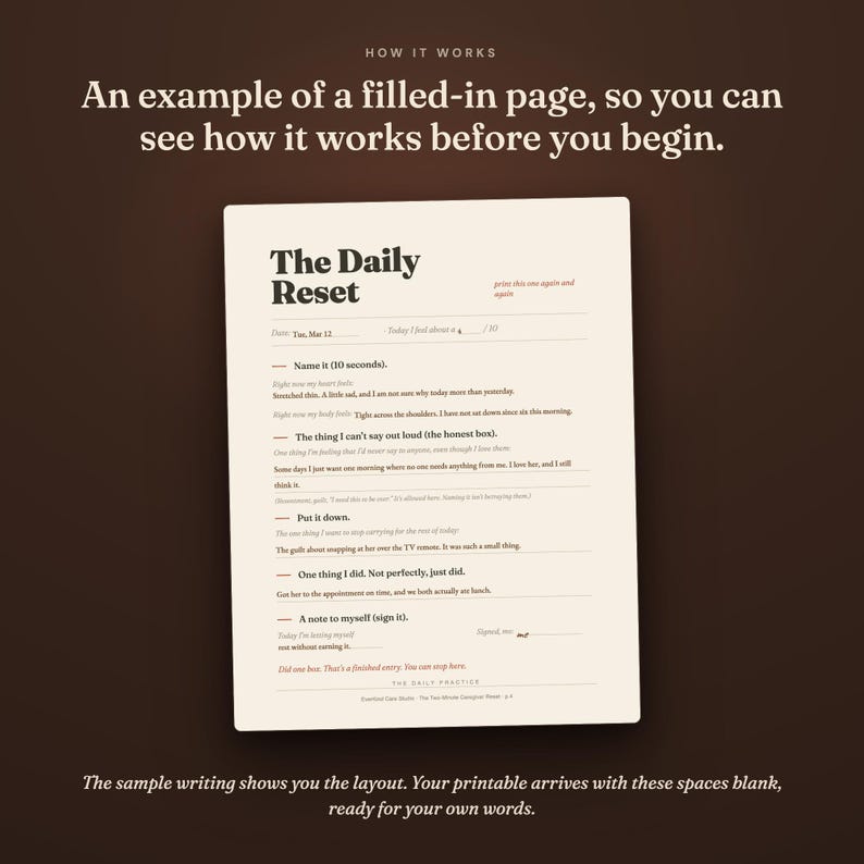 May include: A cream-coloured paper sheet titled The Daily Reset, featuring black printed text and lines for writing. The document includes sections for date, feelings, honest thoughts, tasks, and notes, with handwritten examples filled in the blanks. Your printable arrives with these spaces blank.