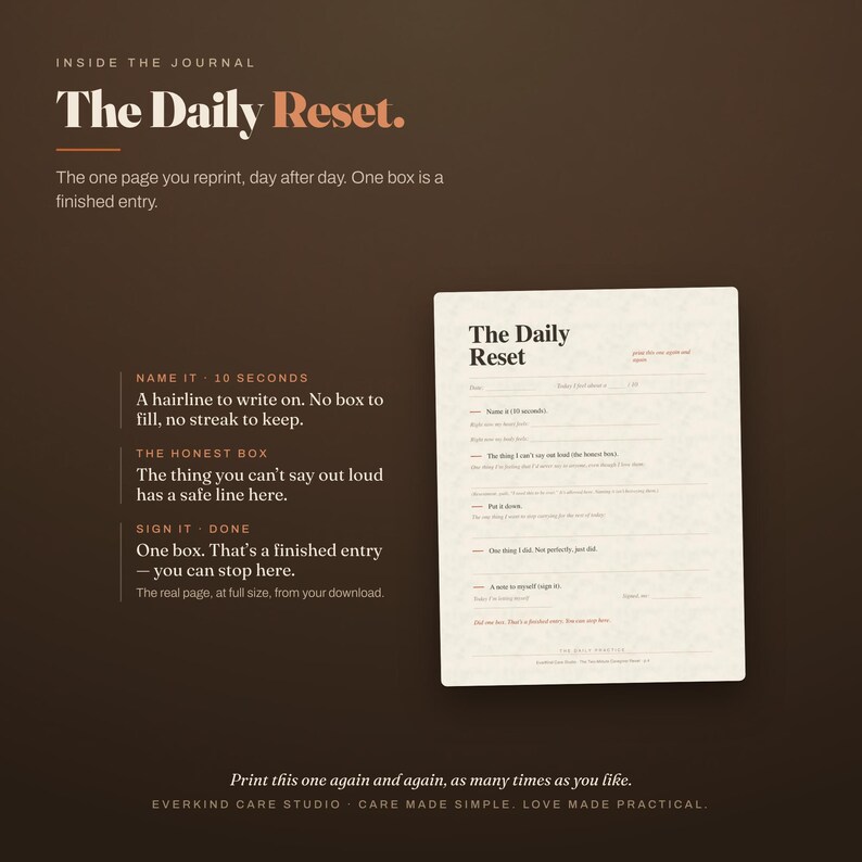 Inside the printable caregiver journal: The Daily Reset, on deep espresso brown. Three labeled steps, name it in 10 seconds, the honest box, and sign it when done, beside a full-size cream page. A two-minute page you reprint daily.