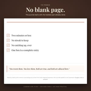 The two-minute caregiver reset promise: no blank page, two minutes or less, no streak to keep. "You resent them. You love them. Both are true, and both are allowed here." Made by a family with a retired-nurse background, written from lived caregiving experience.