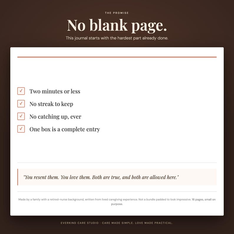 The two-minute caregiver reset promise: no blank page, two minutes or less, no streak to keep. "You resent them. You love them. Both are true, and both are allowed here." Made by a family with a retired-nurse background, written from lived caregiving experience.