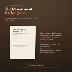 Inside page of the caregiver burnout journal: The Resentment Parking Lot, a private two-minute page for the feelings you're not proud of, with prompts for what you felt, the guilty thought, and what you needed.