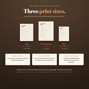 Three print sizes included in one download: A4, US Letter 8.5 x 11 inches, and A5. Same content, same pages. Print whichever fits your printer anywhere in the world. Printable caregiver reset journal.