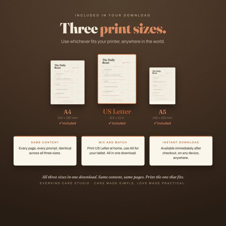 Three print sizes included in one download: A4, US Letter 8.5 x 11 inches, and A5. Same content, same pages. Print whichever fits your printer anywhere in the world. Printable caregiver reset journal.