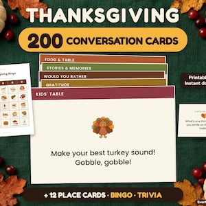 Puede incluir: Un juego de 200 tarjetas de conversación de Acción de Gracias con categorías como Food & Table, Stories & Memories, Would You Rather, Gratitude y Kids' Table. Incluye una tarjeta de bingo, una tarjeta de preguntas y 12 tarjetas de sitio.