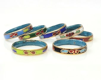 Thin Chinese cloisonné floral design Rings Set of 7