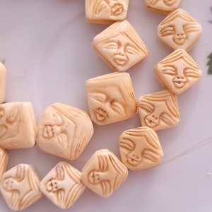 Hand Carved Bone Beads Diamond Square &quot;Face&quot; 13mm 16mm