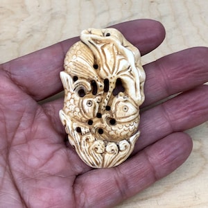 Hand Carved Vintage Bone Pendant Fish and Lotus K2