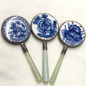 Vintage Small Blue & White Porcelain Hand Mirror with Jade Handle