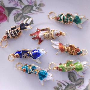 Cloisonne Enamel Fantail Goldfish Fish Charm with gold colored  ring Higher Quality (1 PC)