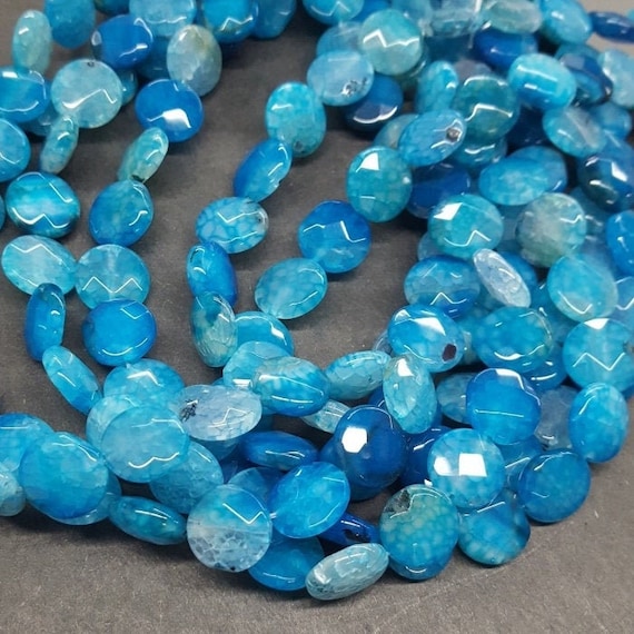 Blue Dyed Crackle Agate Faceted Coin 14mm Full Strand