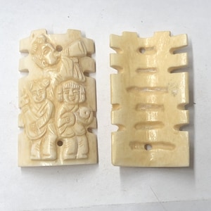 Hand Carved Vintage Bone Pendant &quot;Festive Children Double Happiness&quot; #O4