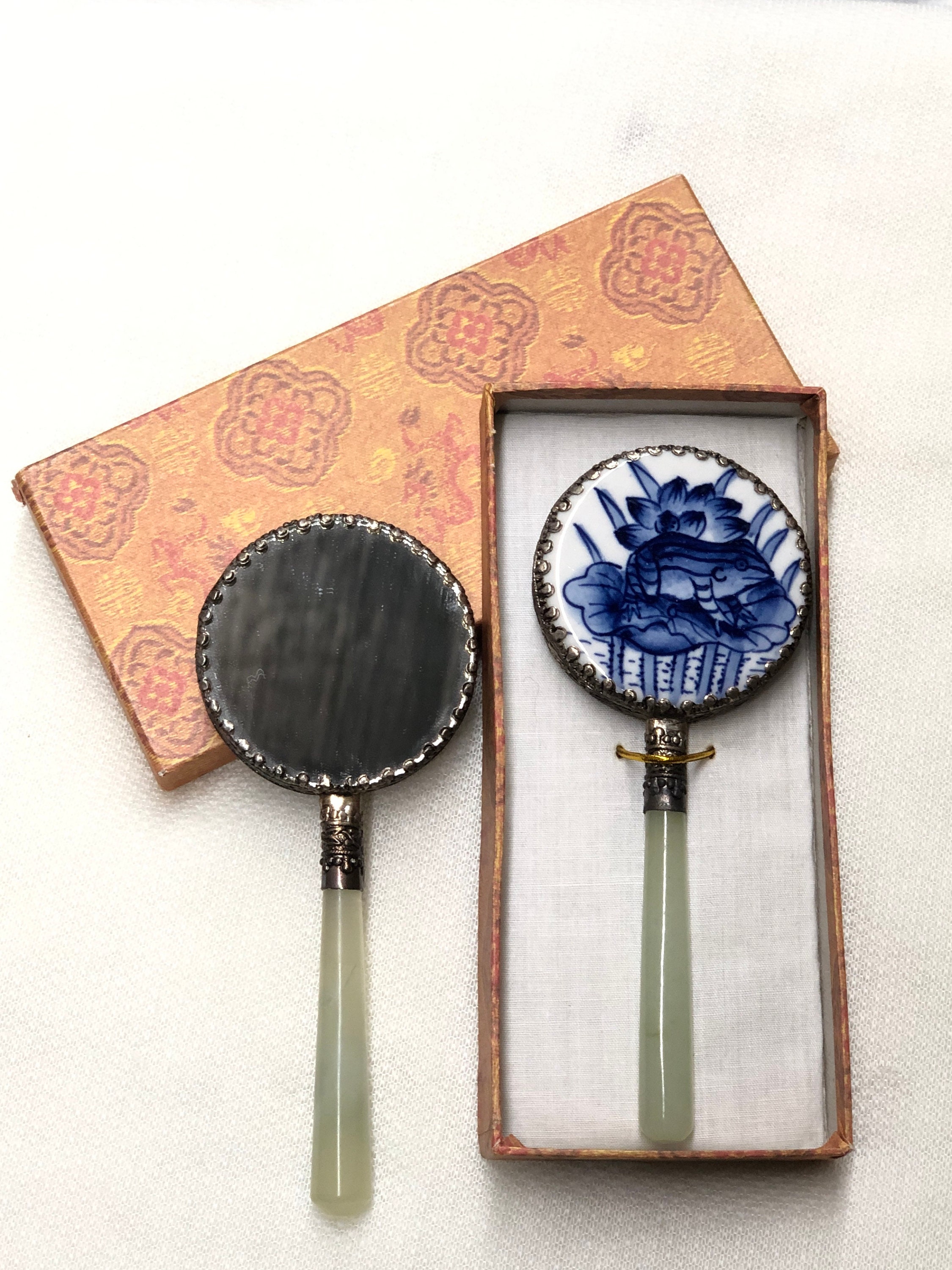 Vintage Small Blue & White Porcelain Hand Mirror With Jade Handle