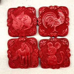 Cinnabar Lacquer Chinese Zodiac Animals 40mm Square Pendant