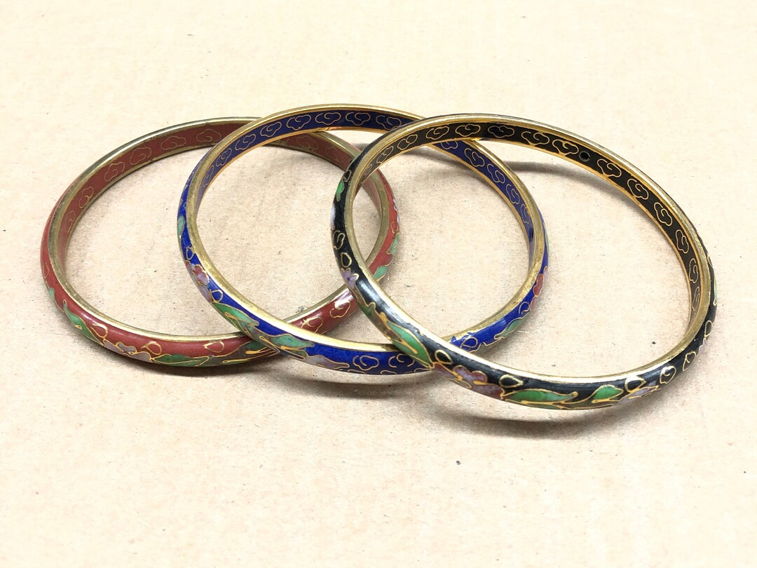 Chinese Cloisonné Floral Design Gold Edges Flat Bangle Bracelet - Etsy