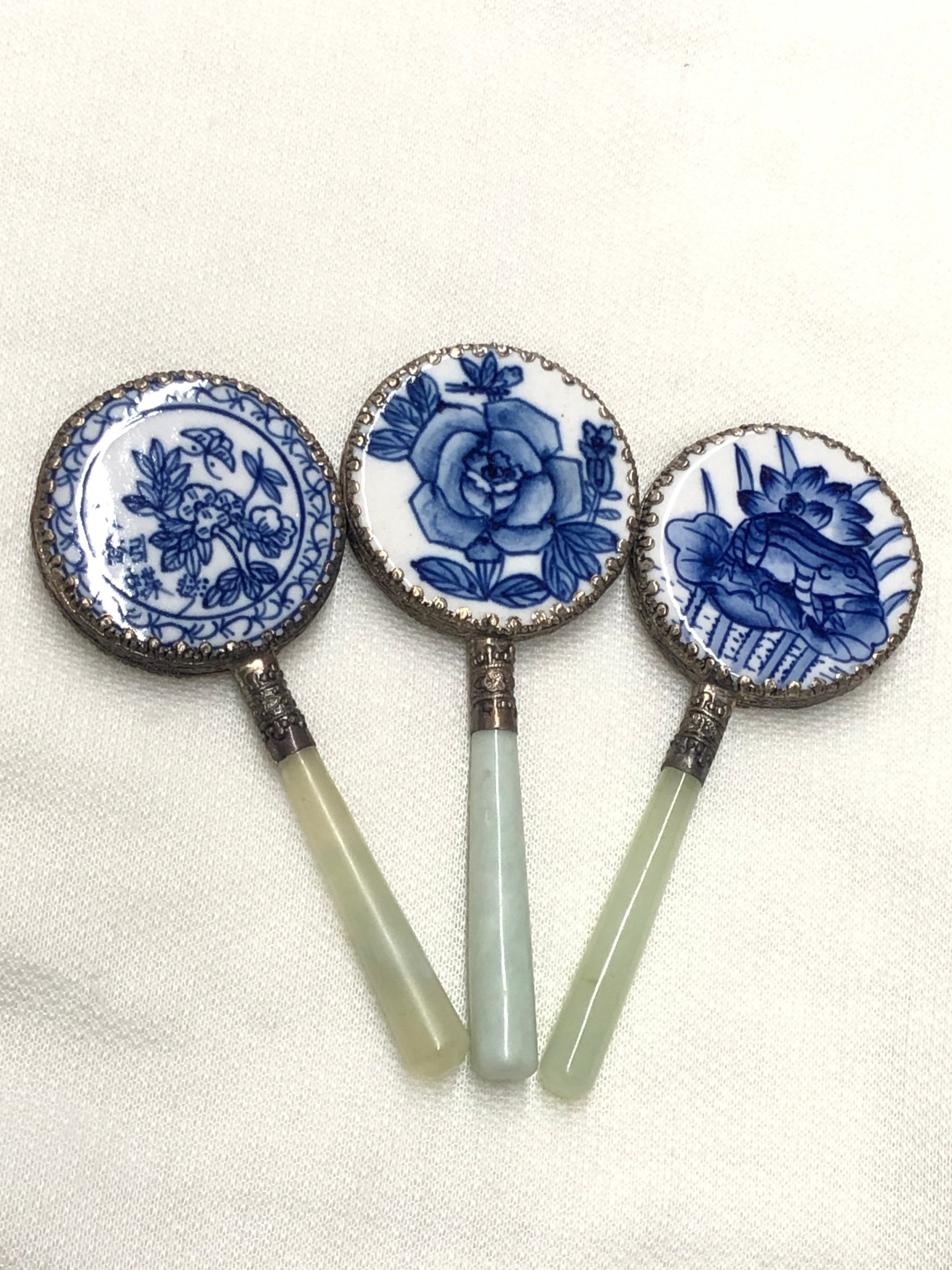 Vintage Small Blue & White Porcelain Hand Mirror With Jade Handle