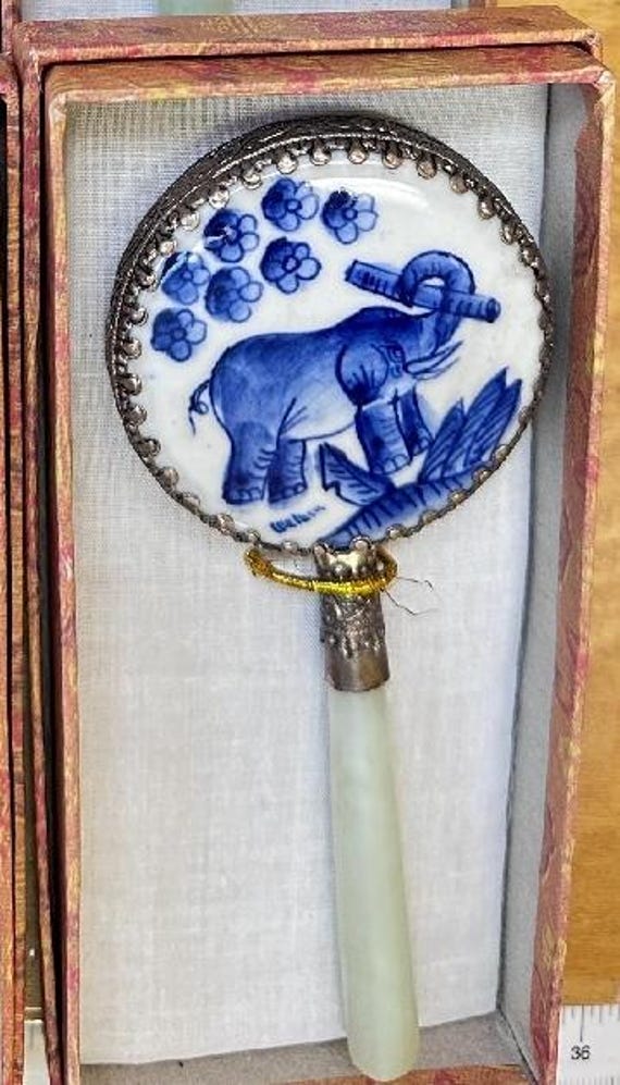 Vintage Small Blue & White Porcelain Hand Mirror With Jade Handle