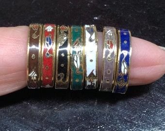 Thin Chinese cloisonné floral design Rings Set of 7