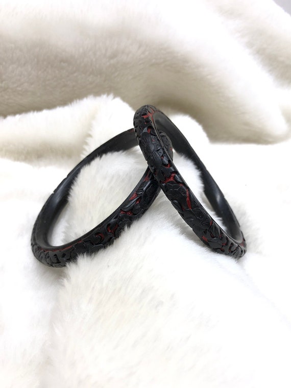 Vintage Carved Cinnabar Lacquer Black and Red Ban… - image 1