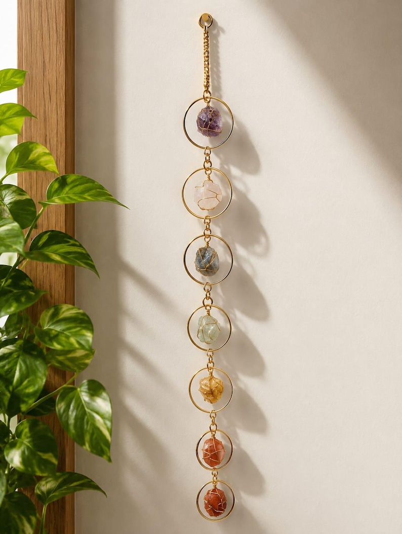 May include: A vertical wall hanging featuring six gold-toned metal rings connected by a gold chain. Each ring contains a raw, wire-wrapped gemstone in varying colors including purple, pink, blue, light green, yellow, and two shades of orange-red.